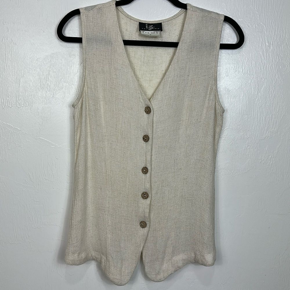 IZ California Vintage Neutral Beige Flax Blend Button Front V-neck Vest Size M